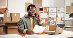 Ecommerce, phone call and happy man with document in small business, logistics or talk with contact. Supply chain, paperwork and black person with mobile, entrepreneur and smile with delivery update