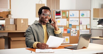 Buy stock photo Ecommerce, phone call and happy man with document in small business, logistics or talk with contact. Supply chain, paperwork and black person with mobile, entrepreneur and smile with delivery update