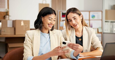 Buy stock photo Logistics, phone and happy women with online app for small business management, schedule or order. Female people, employees or colleagues with smile on technology for delivery update in workplace