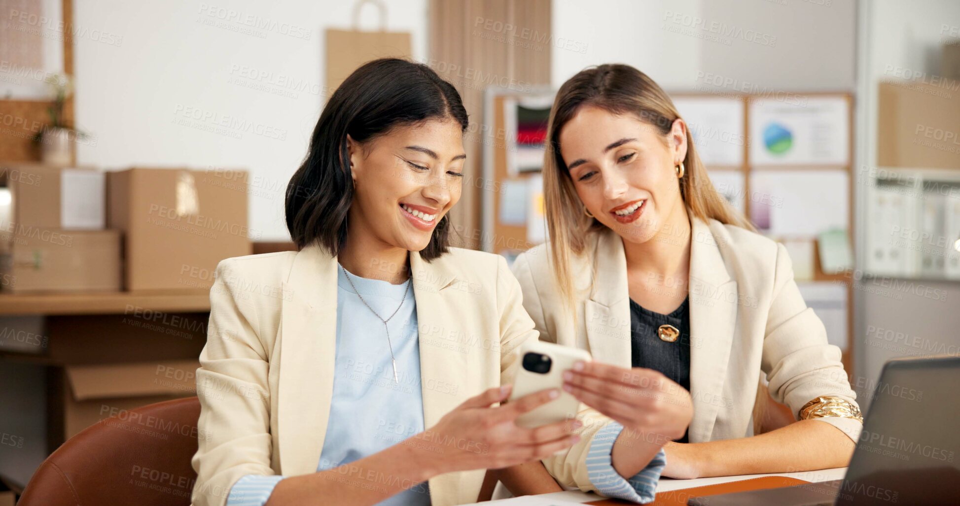 Buy stock photo Logistics, phone and happy women with online app for small business management, schedule or order. Female people, employees or colleagues with smile on technology for delivery update in workplace