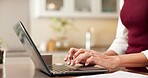 Remote work, typing or hands in home with laptop, publisher email or novel edit in literary project. WFH, woman or author with tech, manuscript planning or online feedback in story development.
