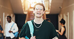 Laugh, man and student at college for education, academic future or happy with knowledge growth. Portrait, university and funny person with learning opportunity, development or scholarship with books