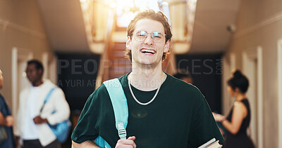 Buy stock photo Laugh, man and student at college for education, academic future or happy with knowledge growth. Portrait, university and funny person with learning opportunity, development or scholarship with books