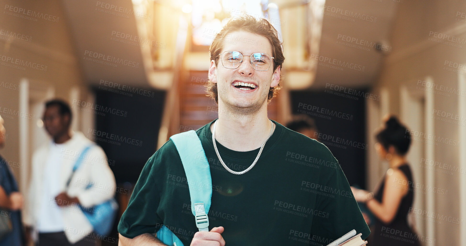 Buy stock photo Laugh, man and student at college for education, academic future or happy with knowledge growth. Portrait, university and funny person with learning opportunity, development or scholarship with books