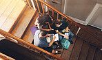 Students, laptop and project in university with collaboration, learn together or data science course. Above, people and study group on stairs with tech, stats and AI innovation for college education.