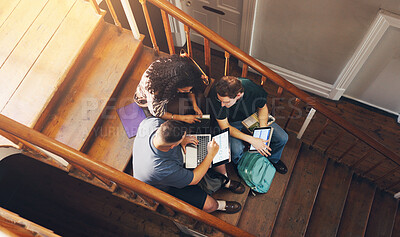 Buy stock photo Students, laptop and project in university with collaboration, learn together or data science course. Above, people and study group on stairs with tech, stats and AI innovation for college education.