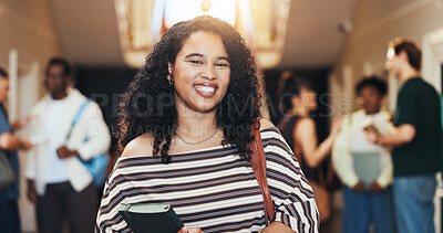 Buy stock photo Portrait, woman and student at university for education, book or happy with academic aspiration. Smile, college and person with positive attitude for learning, scholarship and knowledge development