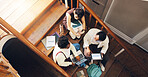 Students, laptop and assignment in university with collaboration, stats course and business school. Above, people and study group on stairs with tech, data analytics and AI for college education.