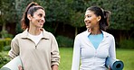 Happy, woman and instructor outdoor with yoga mat, fitness advice and guidance for holistic health. Active person, personal trainer and smile with workout equipment, wellness and exercise in morning.