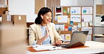 Laptop, wave or happy woman with earphones in office for logistics, online meeting or discussion. Female person, agent or consultant with smile on computer for small business webinar or virtual chat