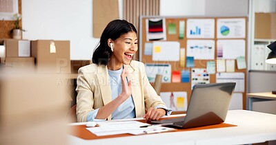 Buy stock photo Laptop, wave or happy woman with earphones in office for logistics, online meeting or discussion. Female person, agent or consultant with smile on computer for small business webinar or virtual chat