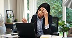 Remote work, woman or glasses at laptop with stress, filing headache or client error in tax returns. Tech, auditor and eyewear migraine for freelance workload, audit peak or bookkeeping issue in home