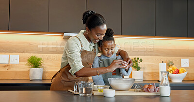 Buy stock photo Mother, child and baking in kitchen with egg, teaching daughter and support with happiness. Black family, parent and girl with ingredients at home for learning, culinary skill development and help