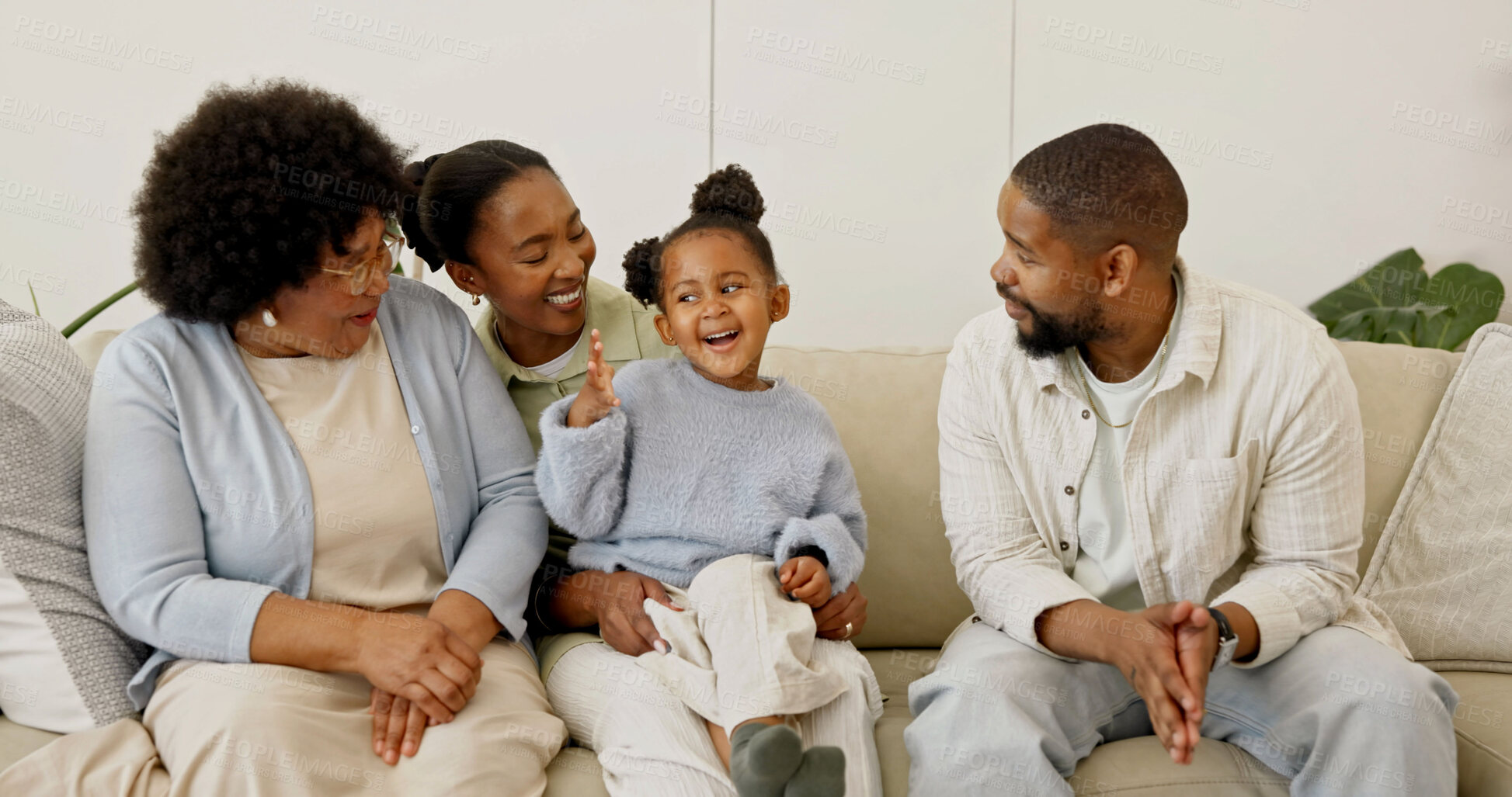 Buy stock photo Grandma, parents and child on sofa with laugh for bonding, connection and family visit on weekend. Happy, home and African girl with mom, dad and grandmother for love, relationship and generations