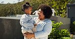 Smile, love and grandmother with black child outdoor for bonding, generations and connection. Happy, support and retirement with senior woman and granddaughter in nature for care and family vacation
