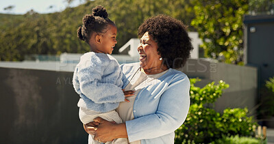 Buy stock photo Smile, love and grandmother with black child outdoor for bonding, excited and caring connection. Happy, support or retirement with senior woman and granddaughter in nature for care or family vacation