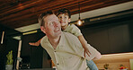 Father, airplane and play with kid in home for support, quality time and bonding with smile. Happy boy, dad and flying game in family house for care, piggyback or security with parent connection