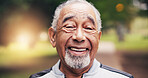 Portrait, old man and happy in nature for fitness, confidence and exercise for healthy lifestyle. Smile, senior person and laugh at park for health benefits, training and morning routine for wellness