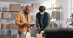 People, logistics and scanner in office with tablet, order and supply chain of cargo distribution. Team, barcode and boxes at startup with digital, stock checklist and delivery agenda for ecommerce