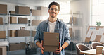Logistics, portrait or man in warehouse with box, confidence or business owner in supply chain. Distribution, happy or entrepreneur with parcel, courier startup or about us in freight management.