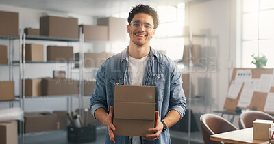 Buy stock photo Logistics, portrait or man in warehouse with box, confidence or business owner in supply chain. Distribution, happy or entrepreneur with parcel, courier startup or about us in freight management.