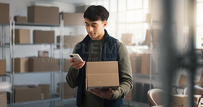 Buy stock photo Ecommerce, man and phone in warehouse with boxes, order fulfillment and verification with mobile app. Person, package and tech in small business with courier website, logistics or online for shipping