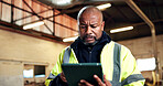 Tablet, confused and black man in warehouse for construction, inventory check and woodworking. Supervisor, thinking and mature person on tech for carpentry report, manufacturing and timber production