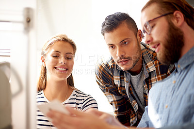 Buy stock photo Collaboration, colleagues and group with 3D printer, office and discussion for design with machine. Business, graphic designer and people with ideas for printing, meeting or brainstorming for project
