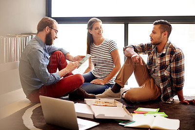 Buy stock photo Group, creative and meeting with people on floor for teamwork, planning and proposal on break. Staff, brainstorming and pizza for collaboration, project research and information with online feedback
