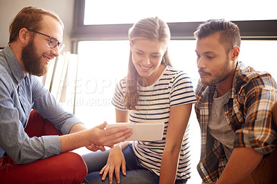 Buy stock photo Business people, tablet and group in office, design team and cooperation for creative project. Company website, employees and meeting in workplace, planning and online schedule with feedback and app