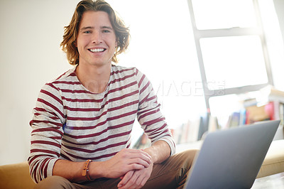 Buy stock photo Portrait, happy man and university student in home for elearning or knowledge with laptop. Computer, college and remote education with person in living room for study, smile and scholarship in USA