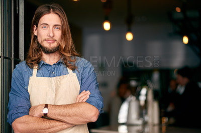 Buy stock photo Portrait, entrepreneur and man with arms crossed, cafe and confident for launch of startup and restaurant. Small business, hospitality and person with pride for coffee shop, owner and New York