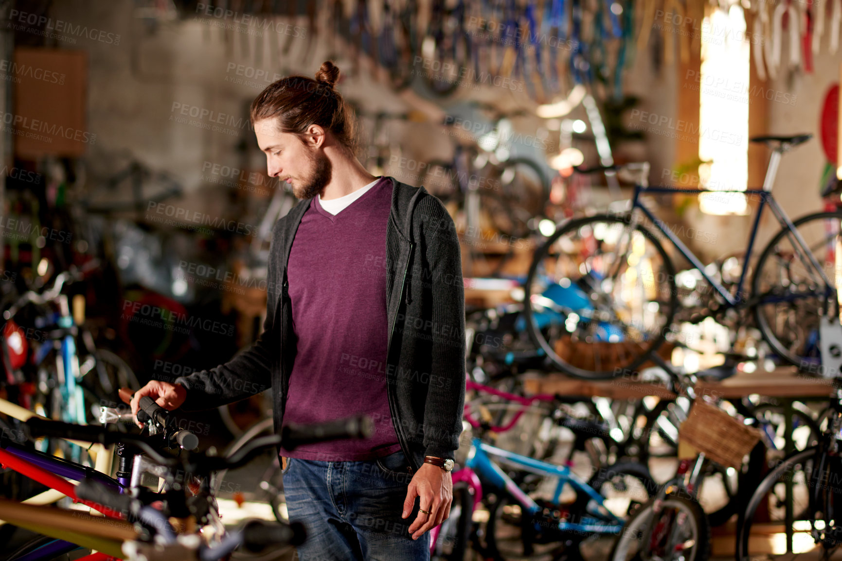 Buy stock photo Business, bicycle and man in store, repair and fix with skills, startup and eco friendly travel. Shop owner, entrepreneur or employee in workshop, merchandise and cyclist with maintenance or engineer