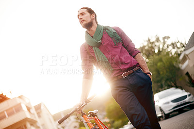 Buy stock photo Walk, thinking or designer with bike in sunset for eco friendly transport or job appointment in city. Evening, leaving or man on road in urban town with travel, creative fashion or bicycle for career
