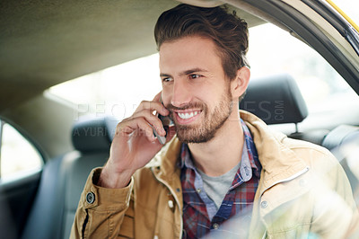 Buy stock photo Phone call, commuting and man with smile, taxi and talking to contact for project, journalist and travel. Happy, reporter and chat with source for story, journey and person with mobile in transport