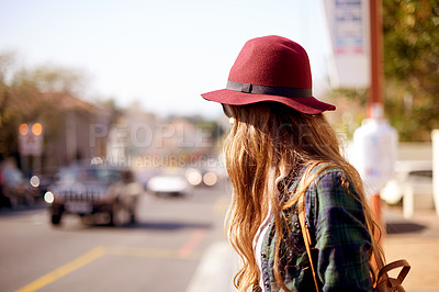 Buy stock photo Woman, tourist or sidewalk with hat for travel, road crossing or sightseeing in city street. Female person, traveler or pedestrian with vehicle for safety check, security or traffic awareness in town
