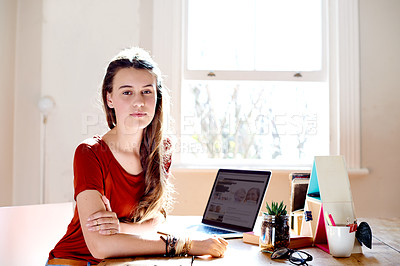 Buy stock photo Girl, portrait and home with laptop for online research, web development or elearning. Female person, teenager or student with computer for multimedia design, digital portfolio or editing at house