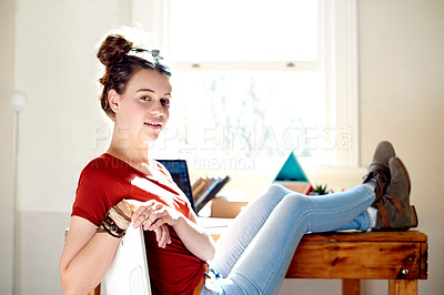Buy stock photo Girl, teenager and portrait with books in home, relax or study break with pride for scholarship by window. Person, student and learning for education, confident or school project for house in France