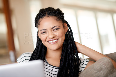 Buy stock photo Portrait, home and woman on sofa, tablet and relax with social media, ebook and smile. Apartment, tech and person on couch, entertainment and digital app with online chatting, texting or website info