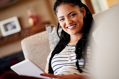 Buy stock photo Portrait, smile and woman on sofa, tablet and relax with social media, ebook and online chatting. Home, tech and person on couch, entertainment and digital app with website info, break and texting