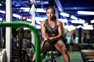 Buy stock photo Strong, gym or black woman with rope for sled, muscle growth or strength development. Training, intensity or African bodybuilder with equipment in workout, cardio exercise or fitness for endurance
