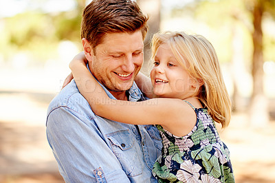 Buy stock photo Father, smile and hug child in nature for love, care and bonding together for connection on holiday. Dad, carry girl and embrace kid at park for support, trust and happiness with parent on vacation