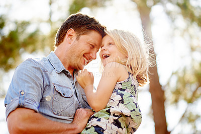 Buy stock photo Outdoor, park and dad with girl for smile, relationship and connection together in summer. Happy family, father and child with love for bonding, support and trust on weekend holiday in nature