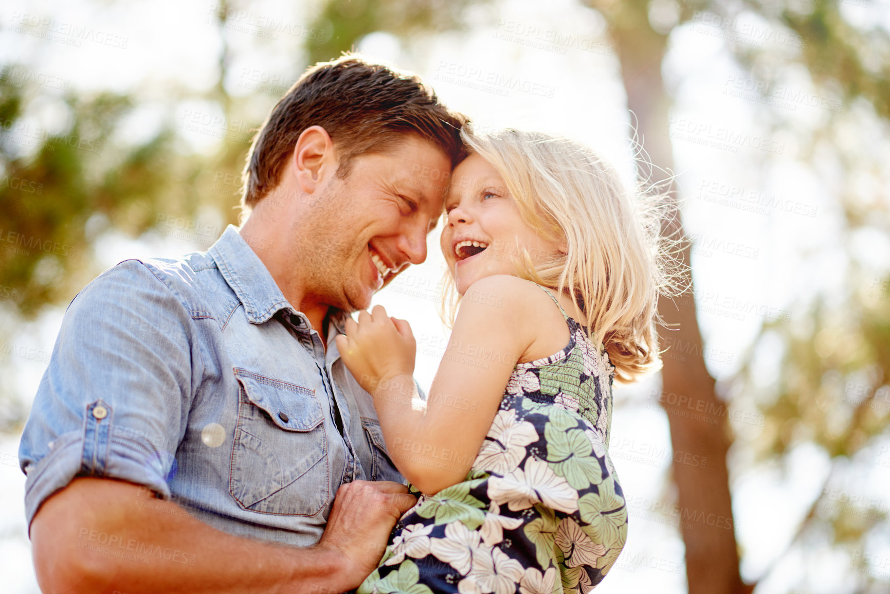 Buy stock photo Outdoor, park and dad with girl for smile, relationship and connection together in summer. Happy family, father and child with love for bonding, support and trust on weekend holiday in nature