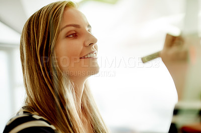 Buy stock photo Smile, businesswoman or writing on sticky note for planning, organizing or brainstorming for campaign. Creative, project management or happy person in office with schedule, idea and startup timeline.