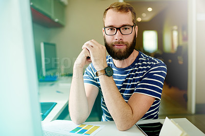 Buy stock photo Web developer, confident and portrait of man in office for software system or website update. Serious, male designer or proud backend engineer with technology for research and company development