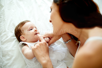 Buy stock photo Care, baby or mother in bed with love, protection and security in childhood for bonding. Family, woman and newborn in home with happiness, safety and support in growth or development 