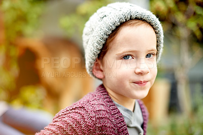 Buy stock photo Boy, portrait and child with winter fashion in nature for childhood, youth or development. Kid, toddler or style with smile, cap or beanie for natural growth, warm clothing or comfort at outdoor park