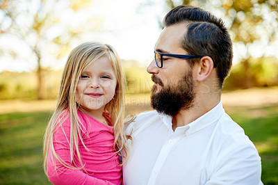 Buy stock photo Outdoor, portrait and father carrying girl, nature and bonding together with child development. Family, single parent and dad in park, daughter and adventure with holiday, confidence and explore