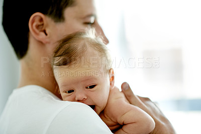 Buy stock photo Baby, dad and embrace with care, love and connection for bonding, relationship and growth in house. People, father and newborn son with hug, comfort and affection with infant child in family home